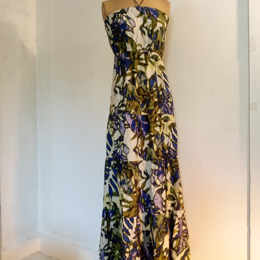 New York & Company Strapless Floral Tiered Maxi Dress in Olive, Blue & Cream